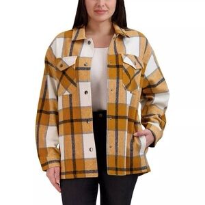 HFX Flannel Jacket Women’s M Orange Blue White Plaid Button Down Shacket NWT